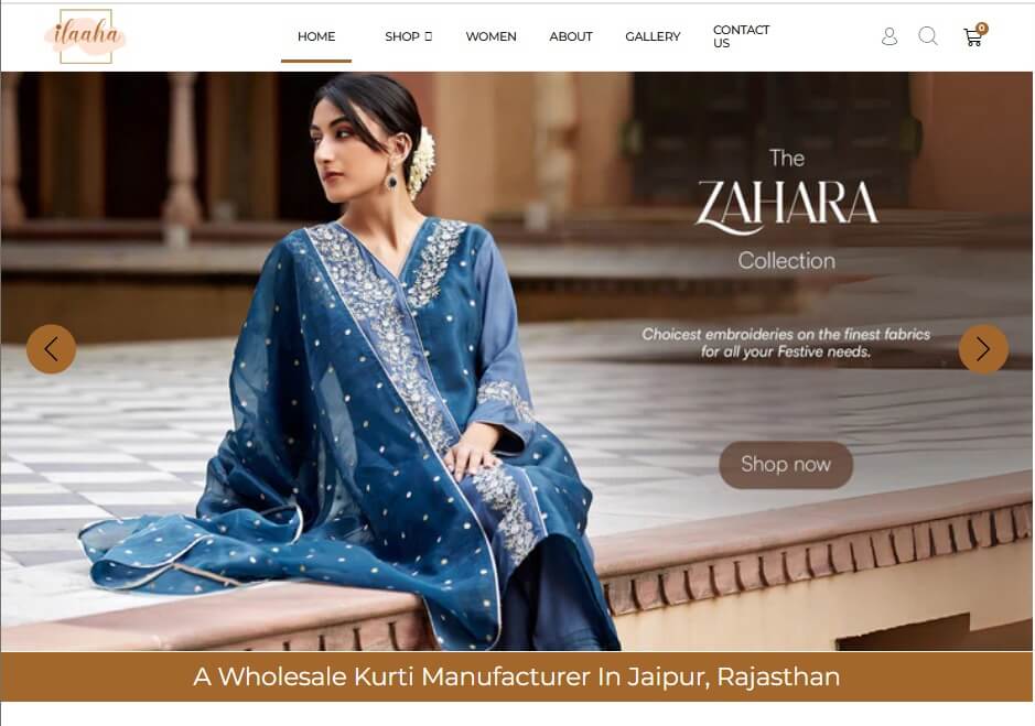 Model wearing Ilaaha Zahara collection embroidered kurti, wholesale kurti manufacturer in Jaipur Rajasthan