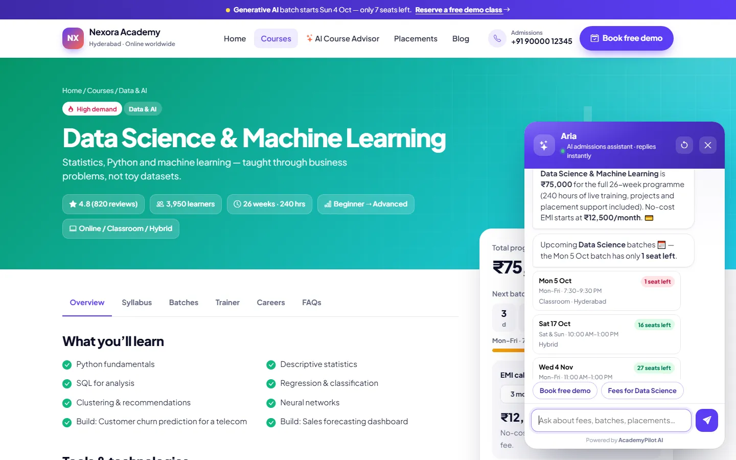AcademyPilot institute website with the AI admissions chatbot answering fees and batch questions