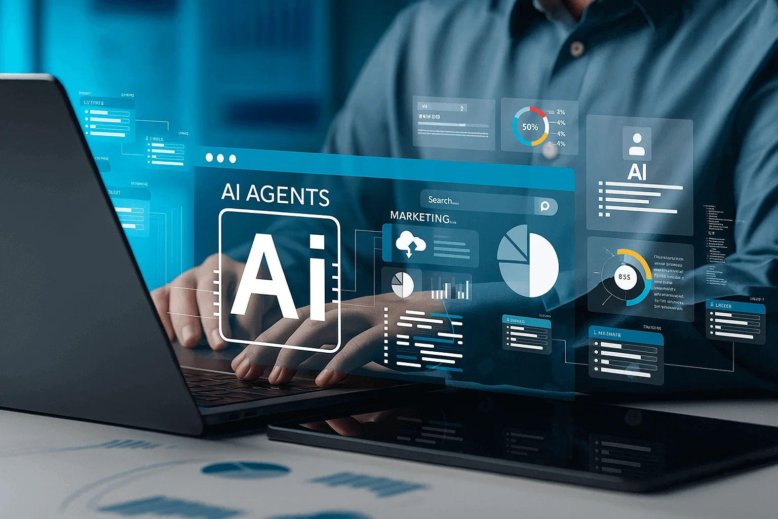 Person working on laptop with AI agents, digital marketing analytics, and artificial intelligence dashboard graphics.