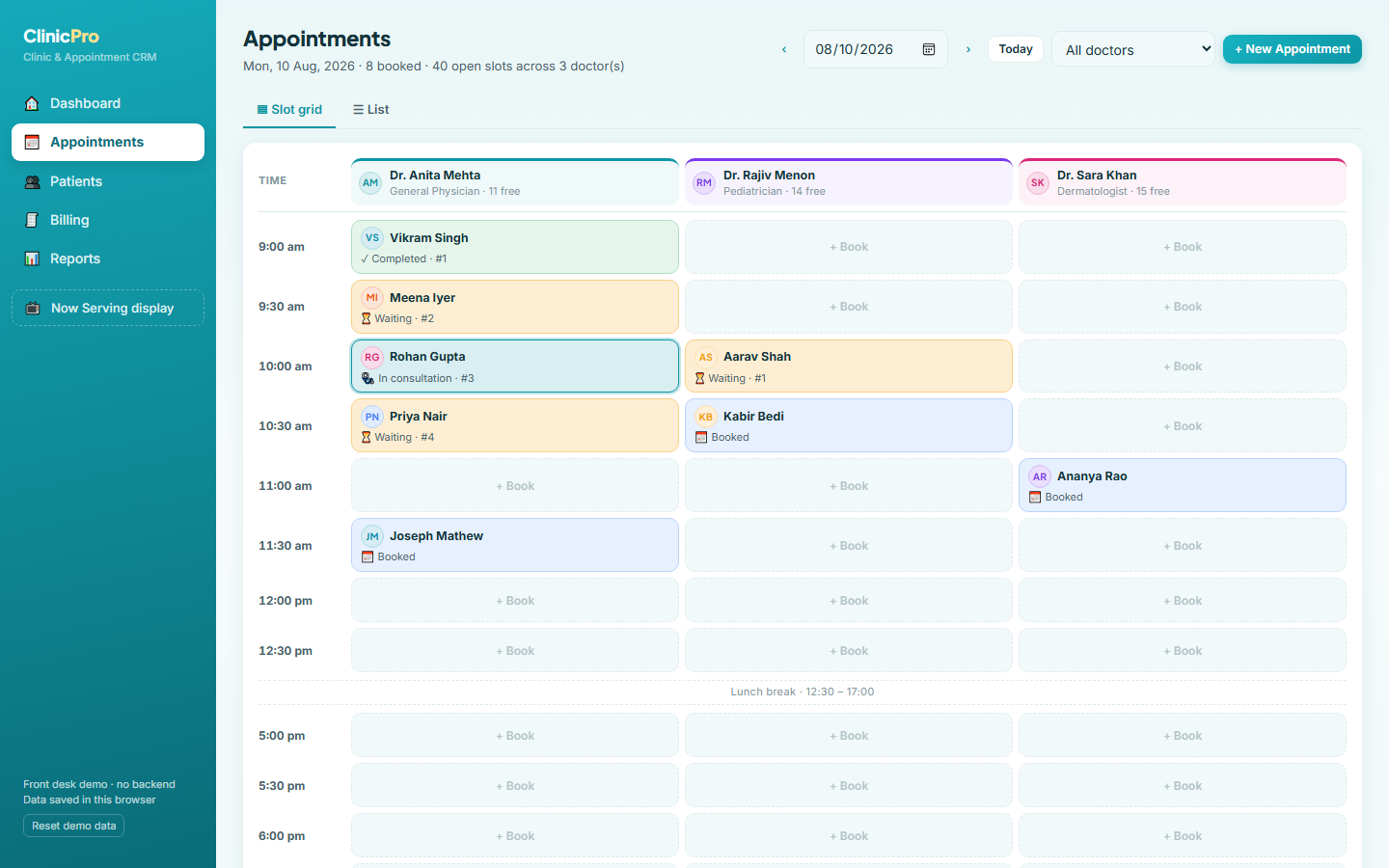 ClinicPro — Slot grid