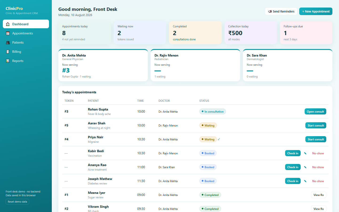ClinicPro Clinic CRM dashboard showing the token queue per doctor, today's appointments and one-click reminders