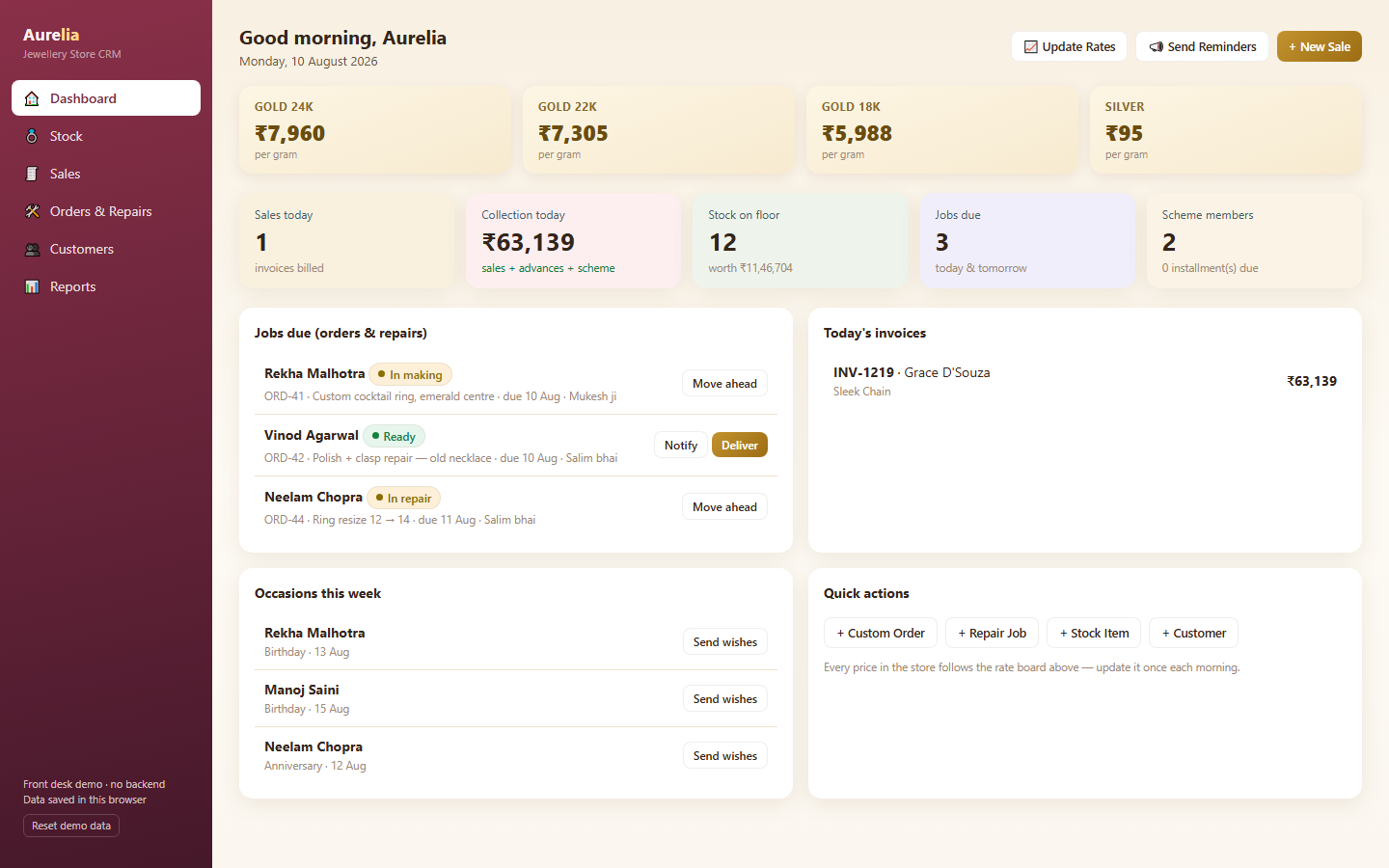 Aurelia Jewellery CRM dashboard showing the daily gold rate board, jobs due, invoices and customer occasions