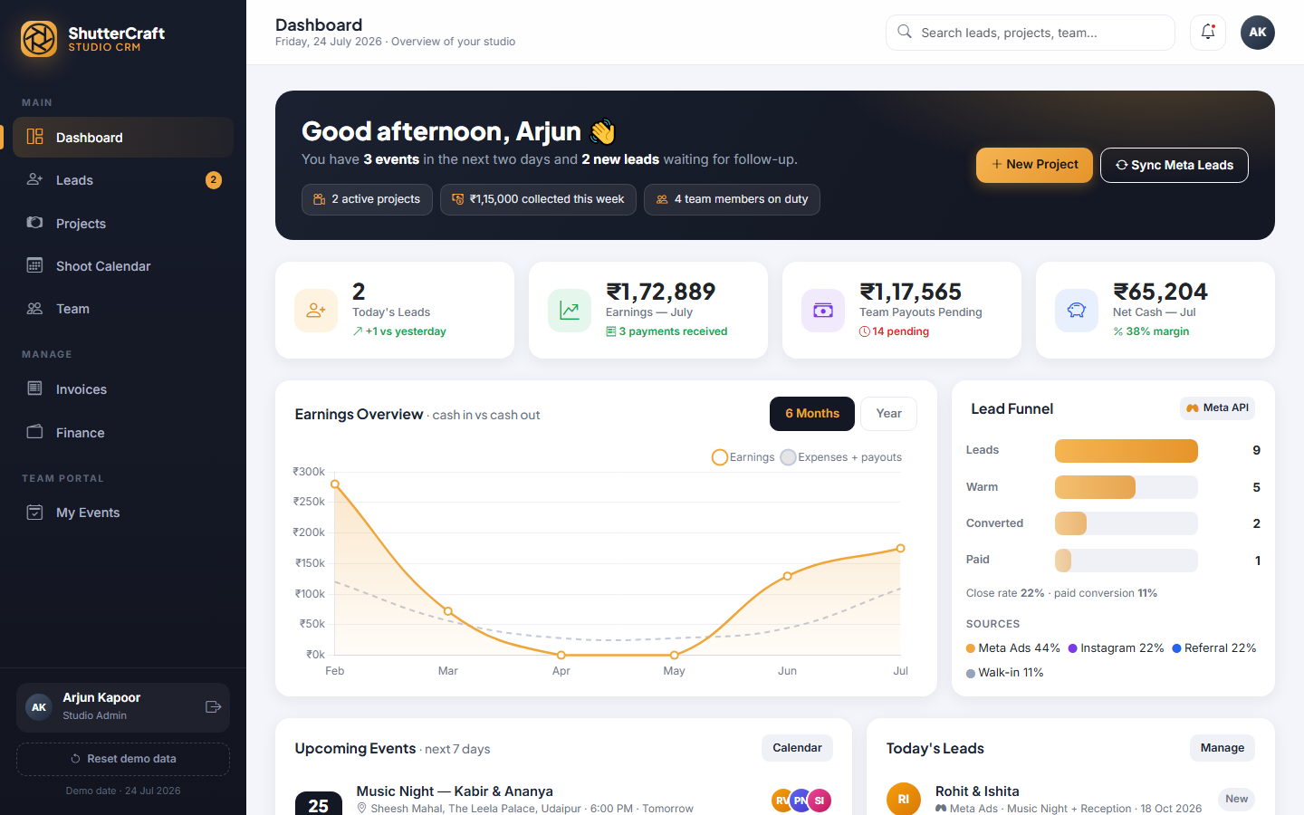 ShutterCraft — Photo Studio CRM dashboard