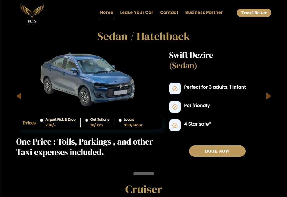 Pulx car rental service showcasing Swift Dzire sedan for airport, outstation, and local rides with affordable taxi prices in India.