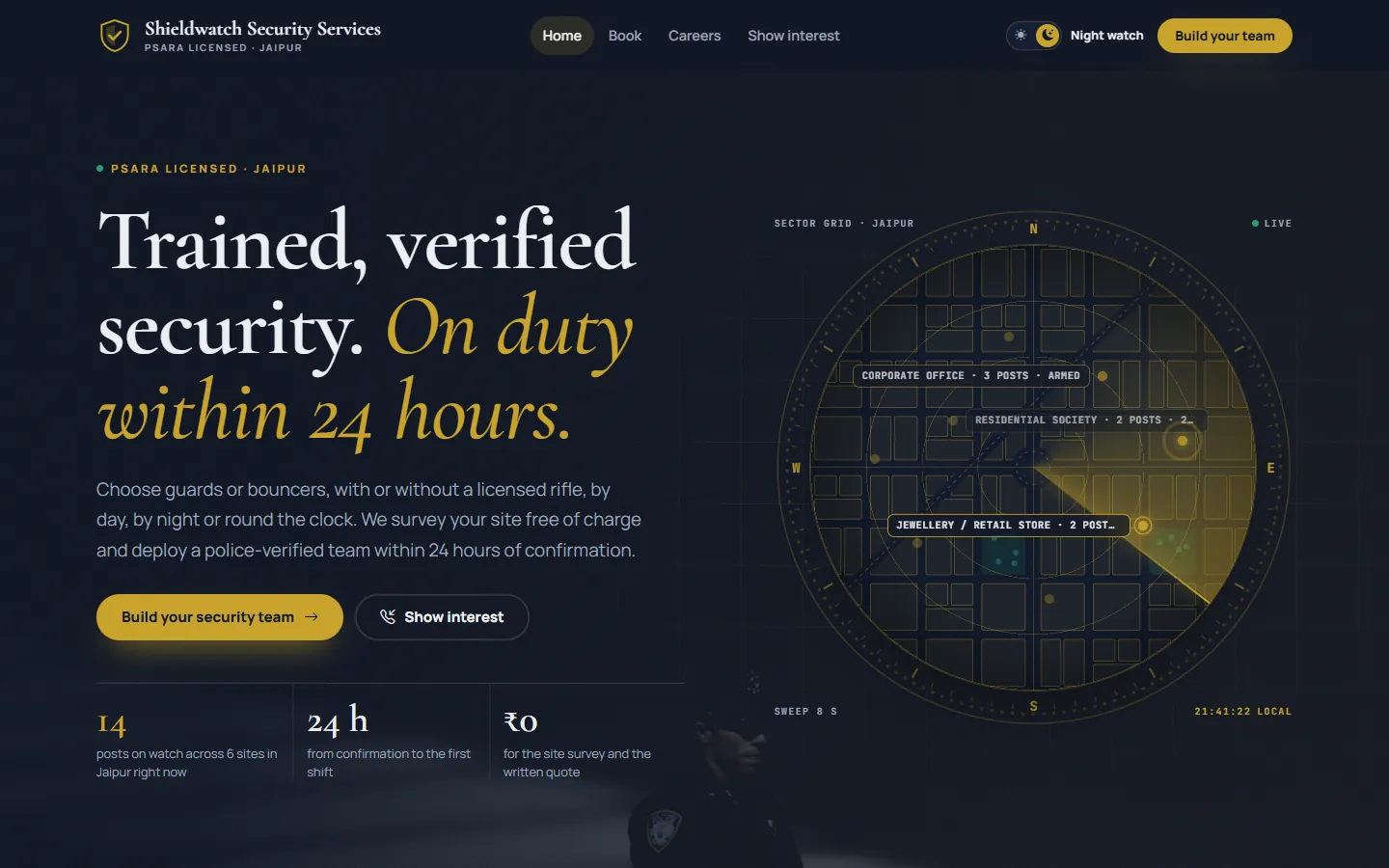 GuardPilot demo agency website, night theme
